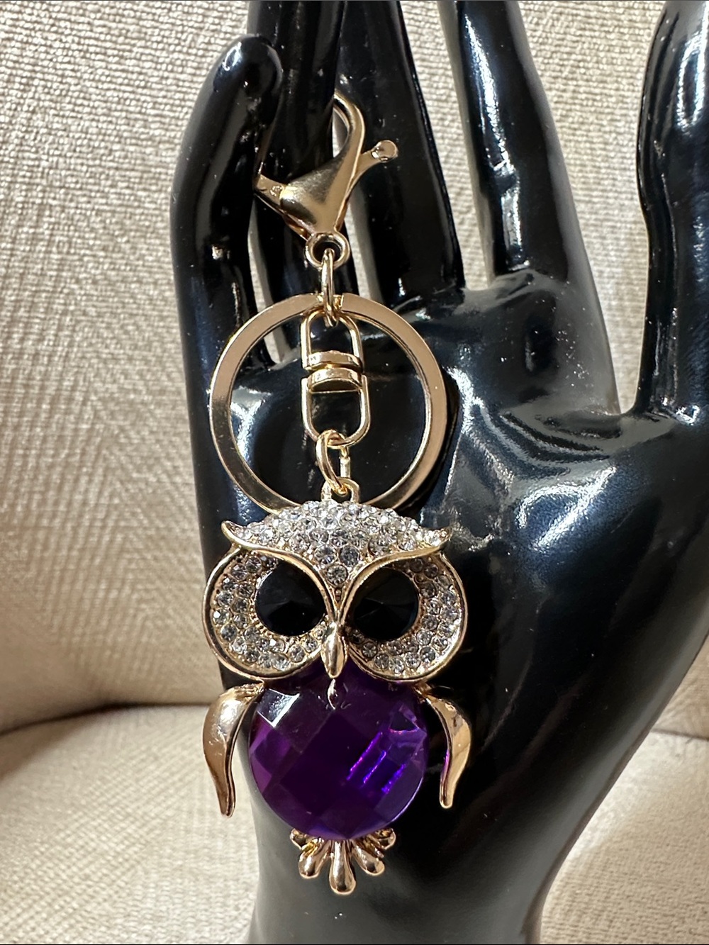 Gold-Tone Owl Keychain with Purple Crystal Accent
